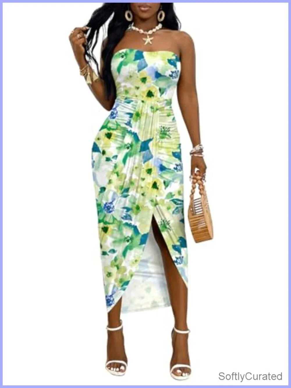Strapless Ruched High Waist Wrap Maxi Dress with Split